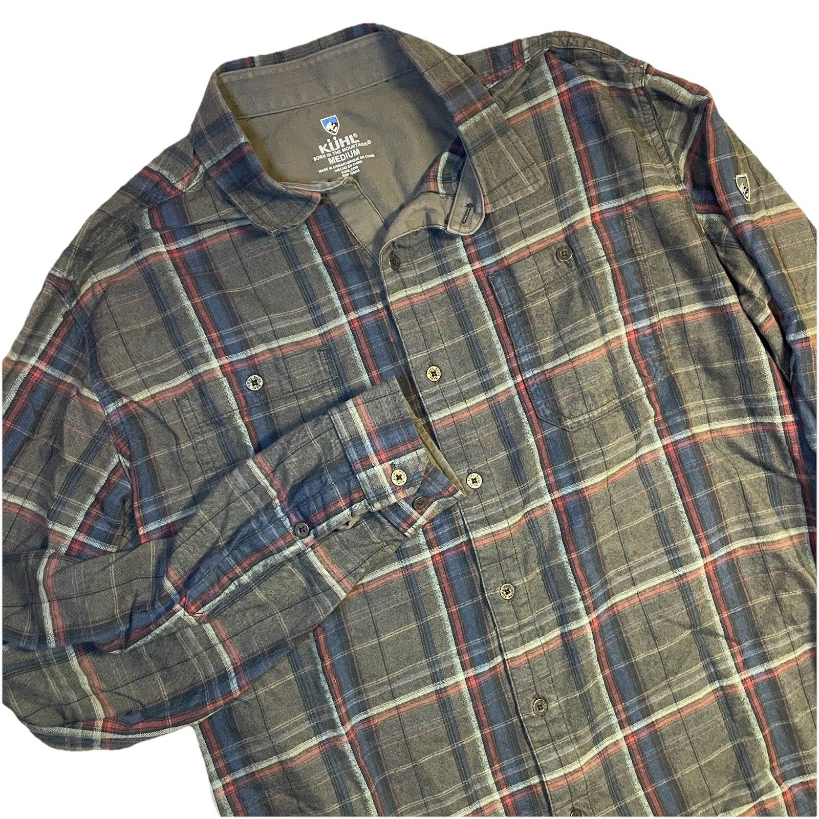 Kuhl Flannel Shirt Long Sleeve Gray Blue Red Plaid Mens Medium Button Down